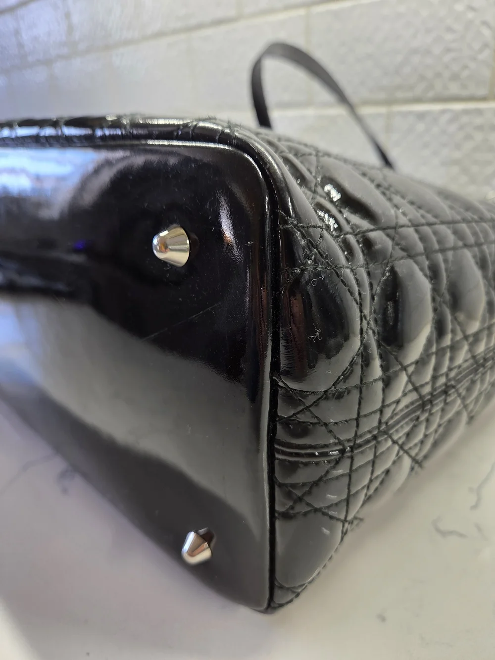 Christian Dior Black Quilted Patent Leather Panarea Medium Tote Bag + COA